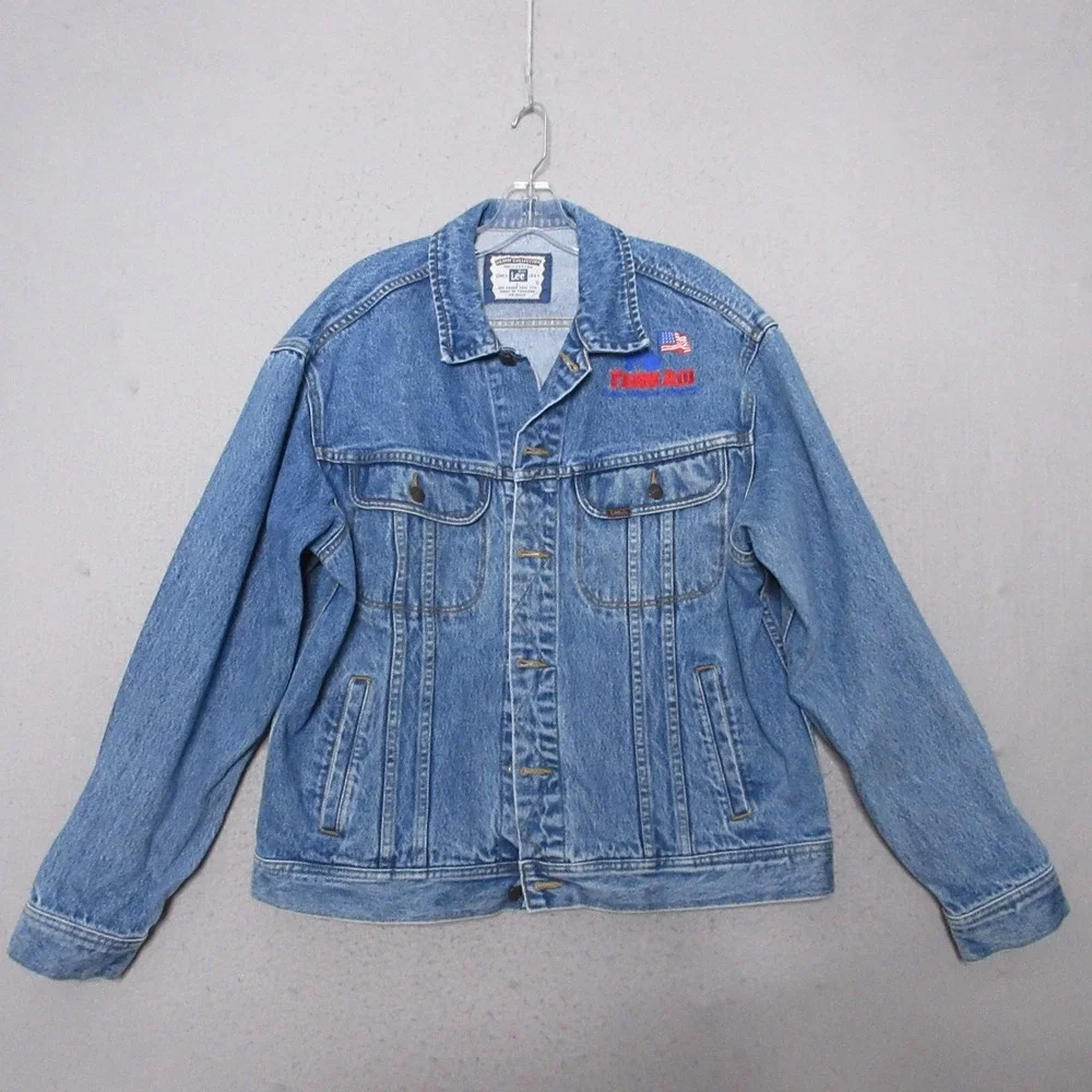 Vintage Lee Denim Jean Jacket Large Farm Aid  Trucker Embroidered Cotton 90s